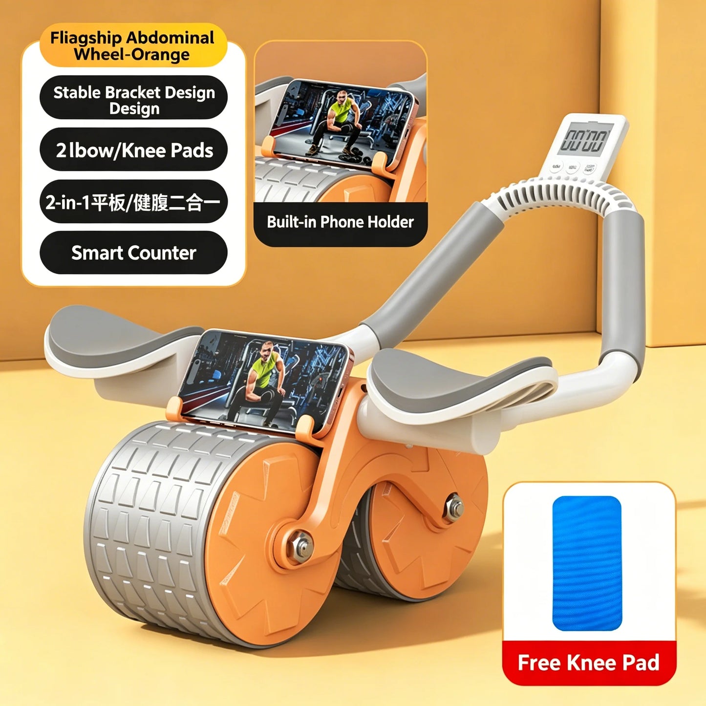 Elbow Support Abdominal Roller Automatic Rebound Ab Wheel with Phone Stand Counter for Core Training Home Fitness