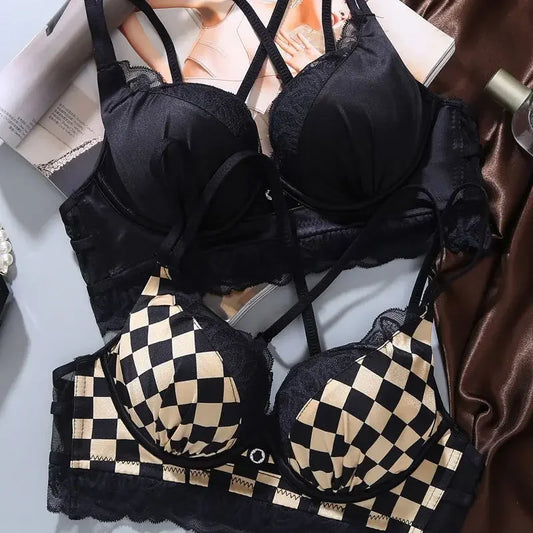 Women's Anti-Sagging Push-Up Bra Thickened Lift Underwire Chessboard Lace Back Bralette, Plus Size Breathable Daily Wear