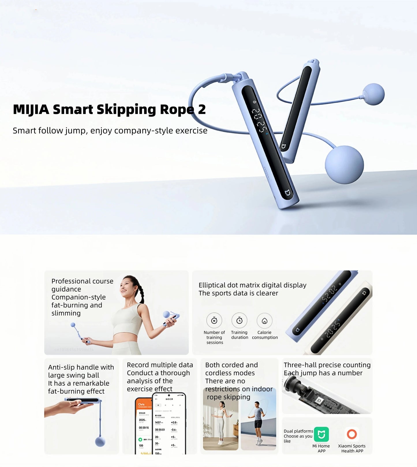 Original Mijia Smart Skipping Jump Rope 2 Digital Counter Adjustable Calorie Calculation Sport Fitness Exercise Lose Weight CN