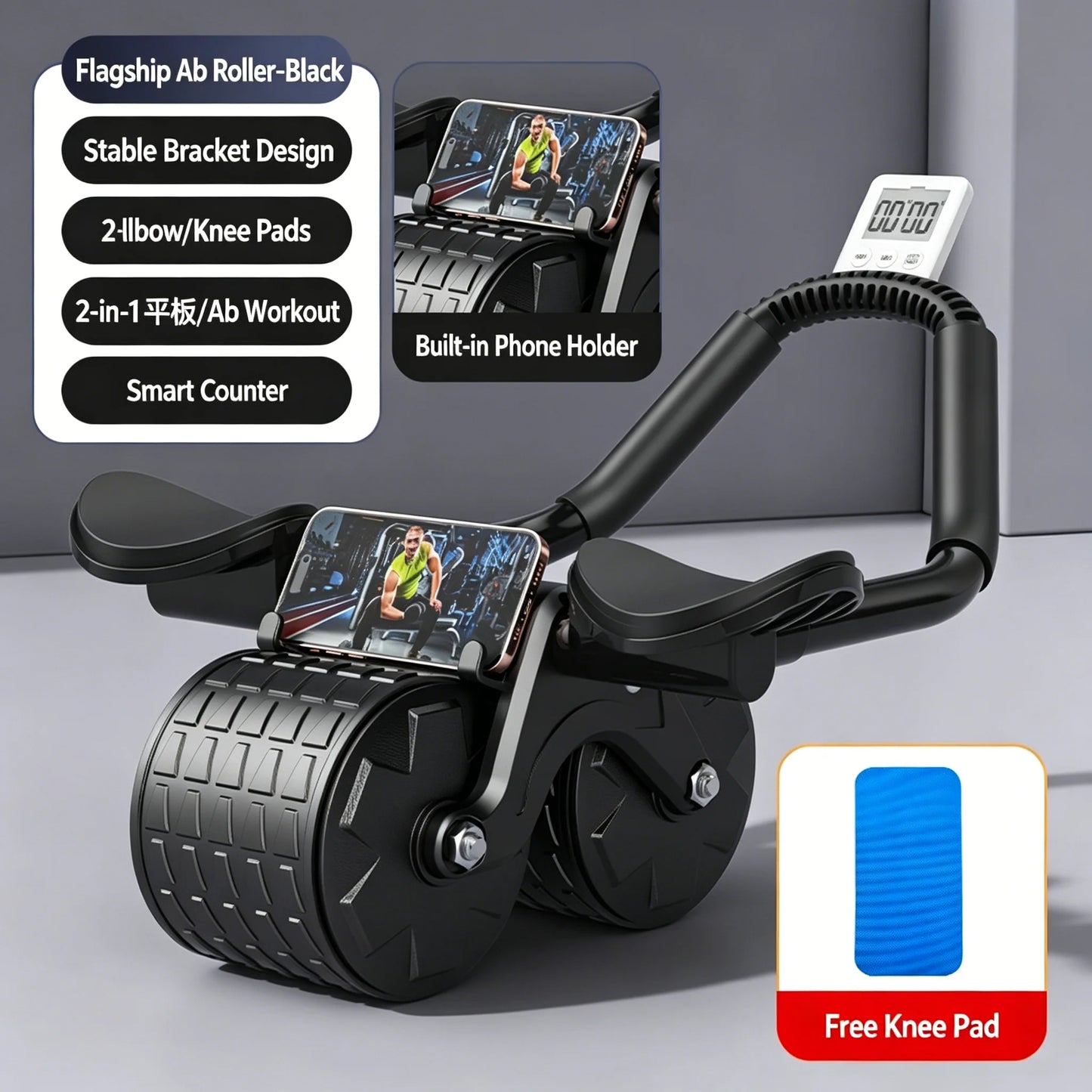 Elbow Support Abdominal Roller Automatic Rebound Ab Wheel with Phone Stand Counter for Core Training Home Fitness