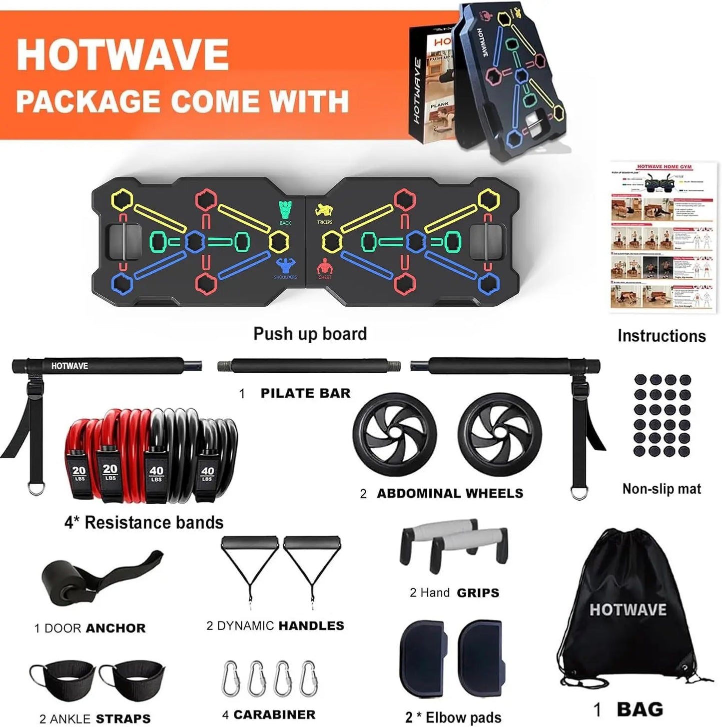 Portable Workout Equipment with 20 Gym Accessories, Push Up Board & Plank Trainer, Resistance Bands with Ab Wheel, Exercise at Home