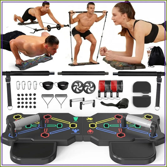 Home Workout Equipment Set – 20-Piece Push Up Board, Resistance Bands & Ab Roller