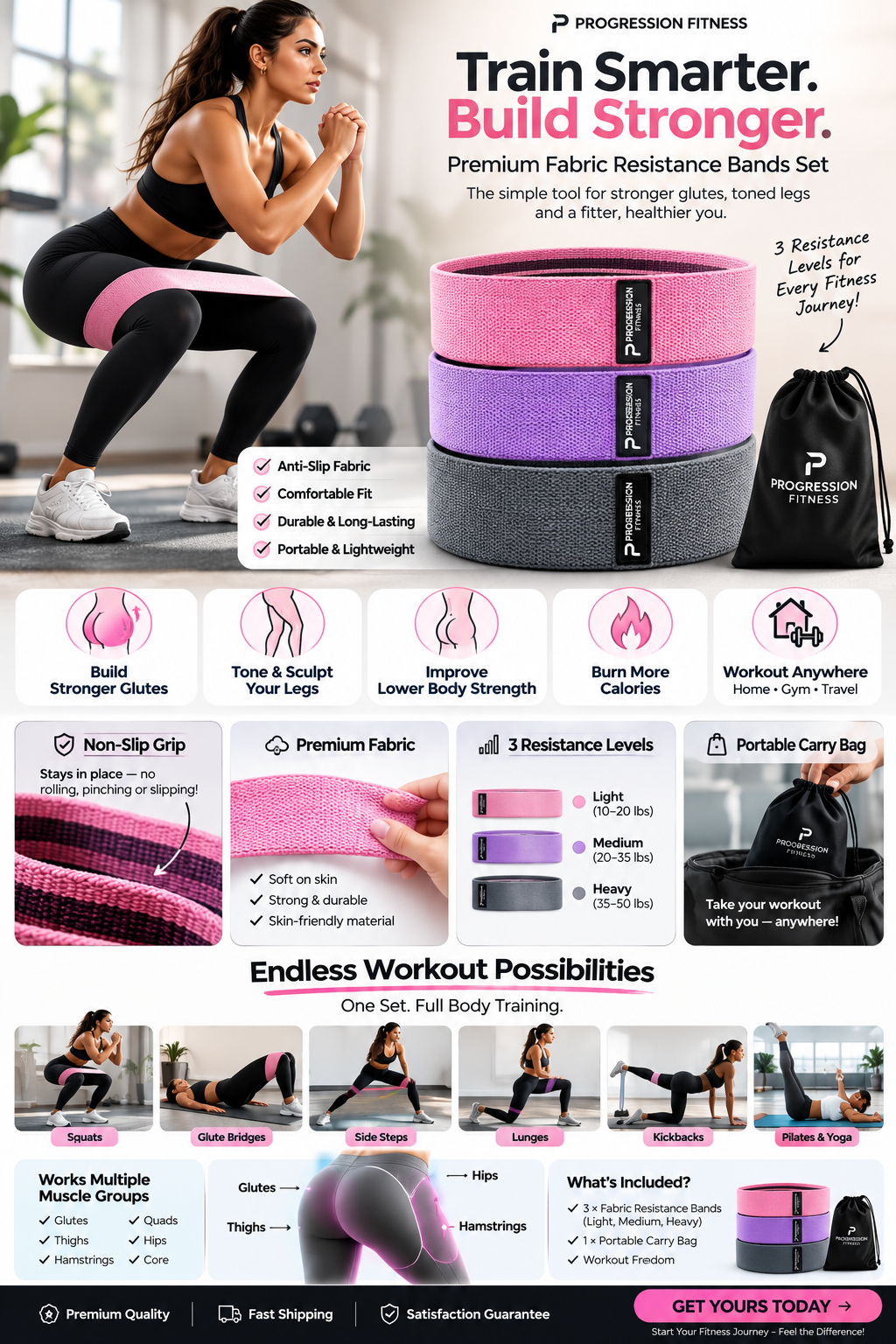3-Pack Fabric Resistance Bands Set – Anti-Slip Glute & Hip Workout Bands for Legs, Squats, Pilates & Yoga